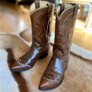 Vintage Tony Lama Western Boots Size 7 brown white stitching mid calf